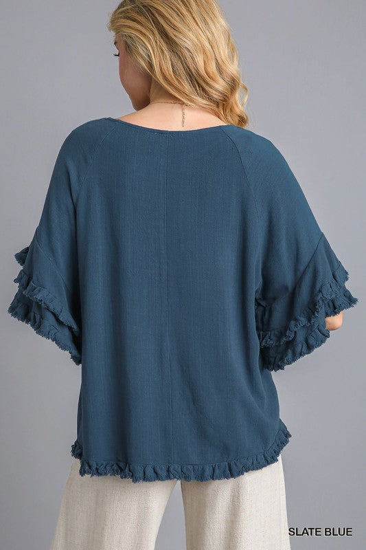 Linen Blend Layered Ruffled Short Sleeve Top