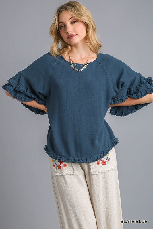 Linen Blend Layered Ruffled Short Sleeve Top