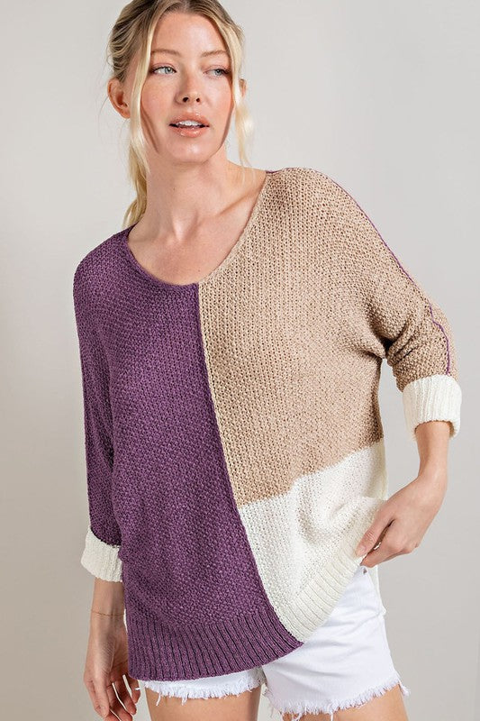 Colorblock V-Neck Sweater - Purple