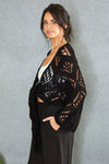 Venti6 Tie Front Cover Up Loose Crochet Top - Black