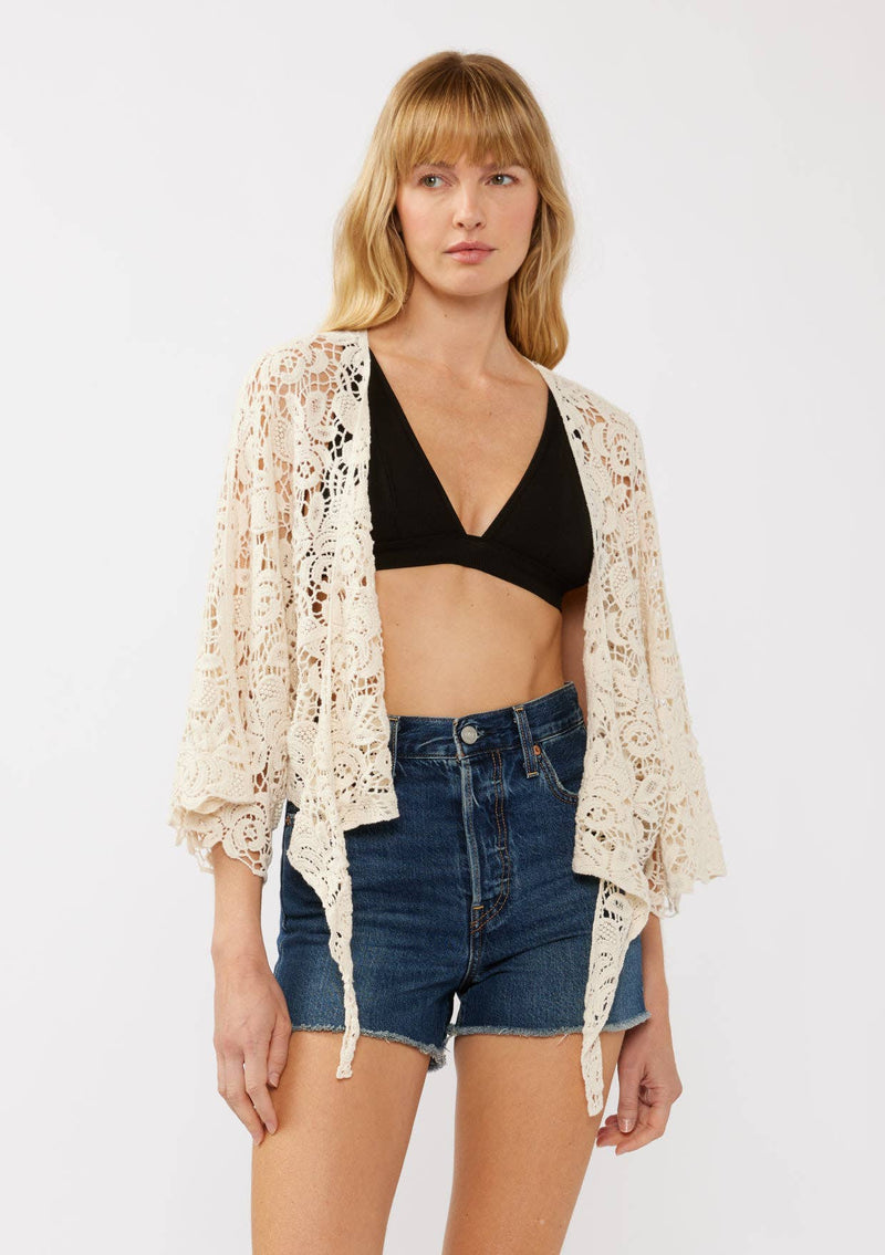 Floral Tie-Front Crochet Kimono