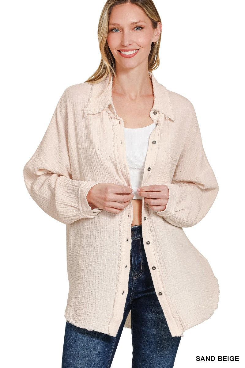 Double Gauze Oversized Raw Edge Shirt