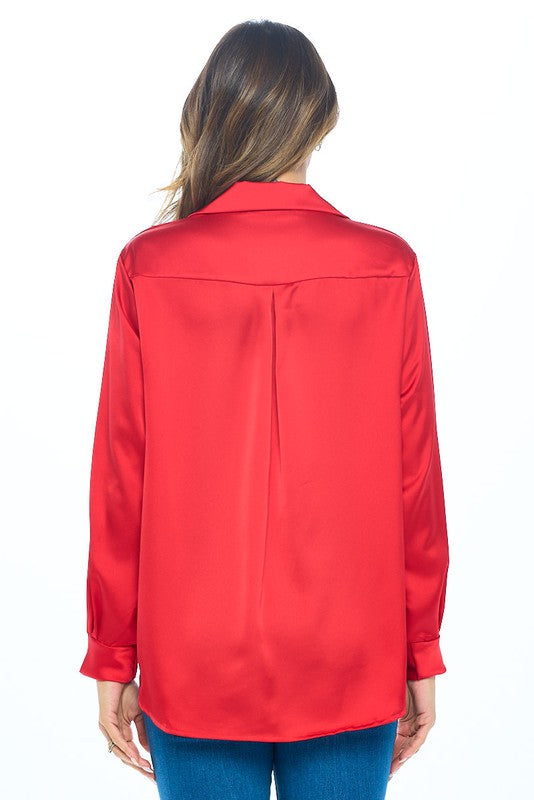 Stretch Satin Cowl Long Sleeve Top