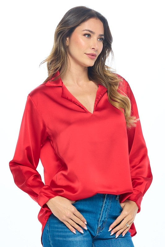 Stretch Satin Cowl Long Sleeve Top