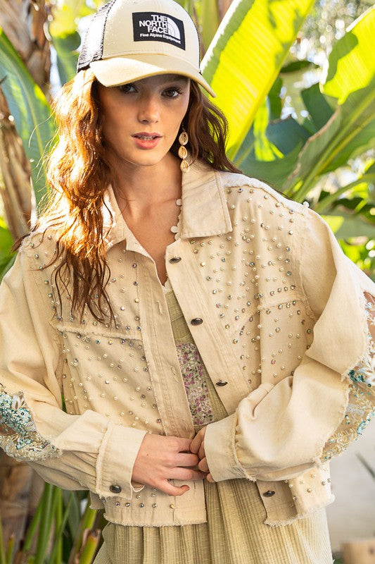 Oversized Embellished Pearl Stone Beaded Shacket
