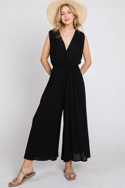 Woven Ruched Detail Jumpsuit - Black
