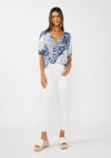 Short Puff Sleeve V-Split Neck Top with Lace Trim
