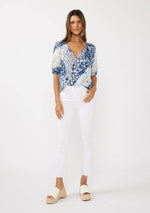 Short Puff Sleeve V-Split Neck Top with Lace Trim