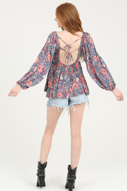 Printed Baby Doll Blouse w/ Tie Back Detail