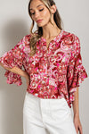 Paisley Pattern Ruffle Sleeve Blouse Top