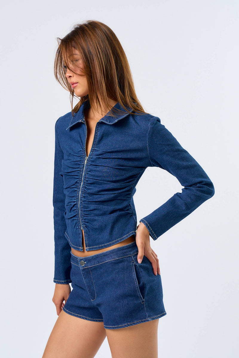 Ruched Long Sleeve Polo Denim Zip-Up