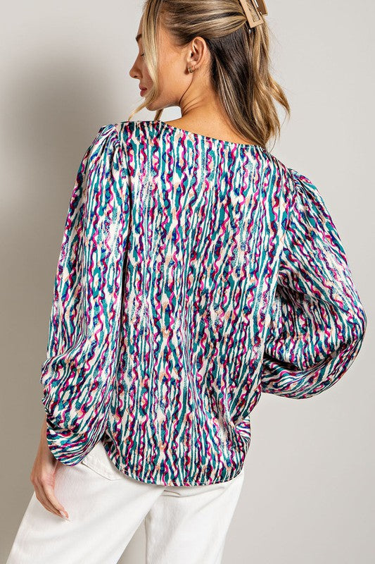 V-Neck Pattern Blouse - Teal