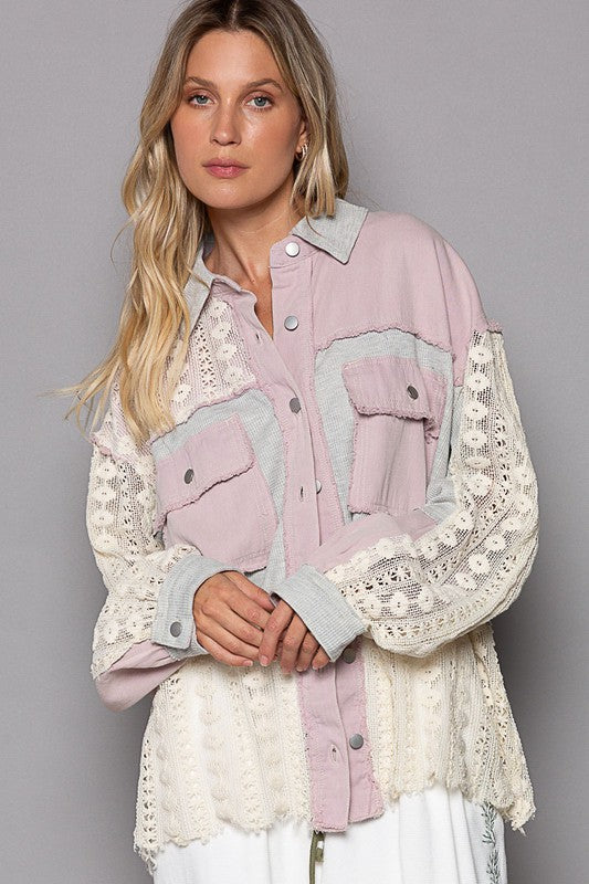 Oversize Contrast Lace Crochet Button Jacket - Grey Lilac