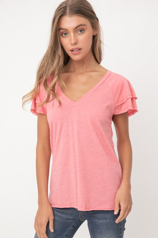 Hacci Slub V-Neck Drop Shoulder Cuffed Top