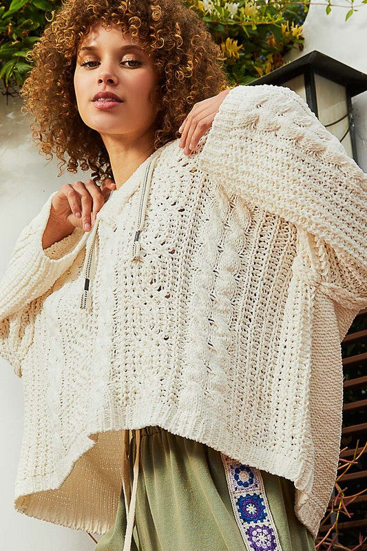 V-Neck Hooded Cable Knit Chenille Sweater