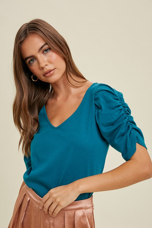 Puff Sleeve Knit Top w/ Ruched Detail