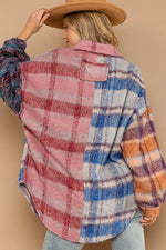 Contrast Sweater Sleeve Brushed Plaid Shacket