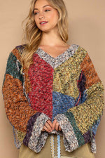 Oversized V-Neck Color Blocked Pullover Sweater