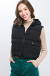 Hooded Zipper Vest w/ Front Pocket Detail - Black