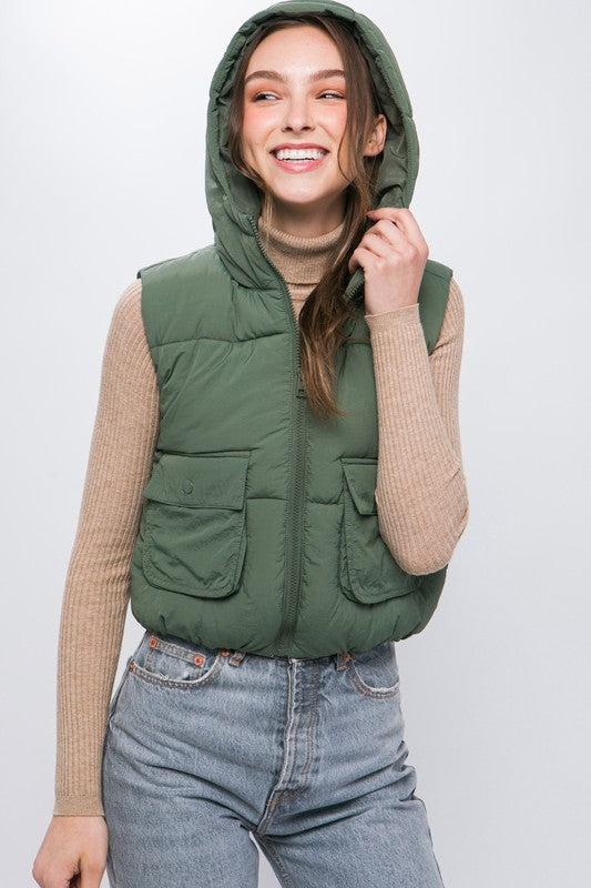 Hooded Zipper Vest w/ Front Pocket Detail - Ever Green