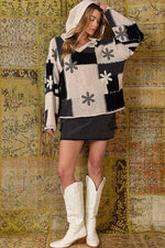 Color Block Fleece Floral Detail Hooded Sweater