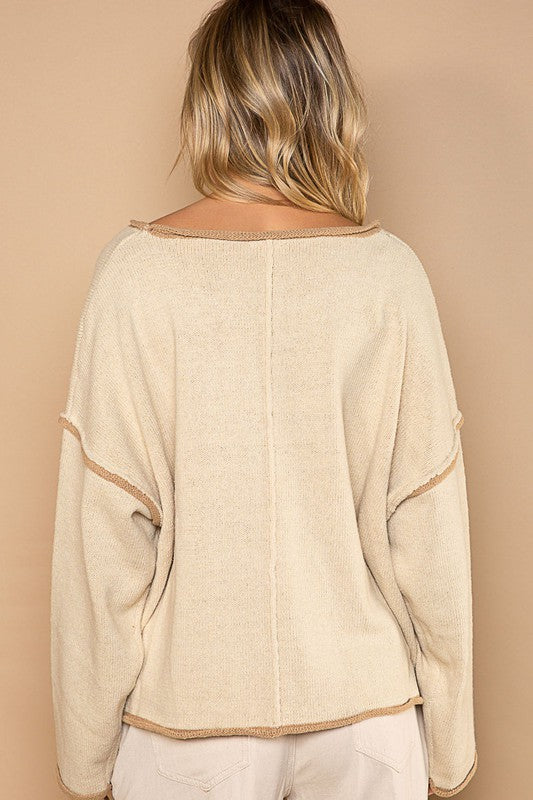 Contrast Rolled Edge Out Seamed Sweater