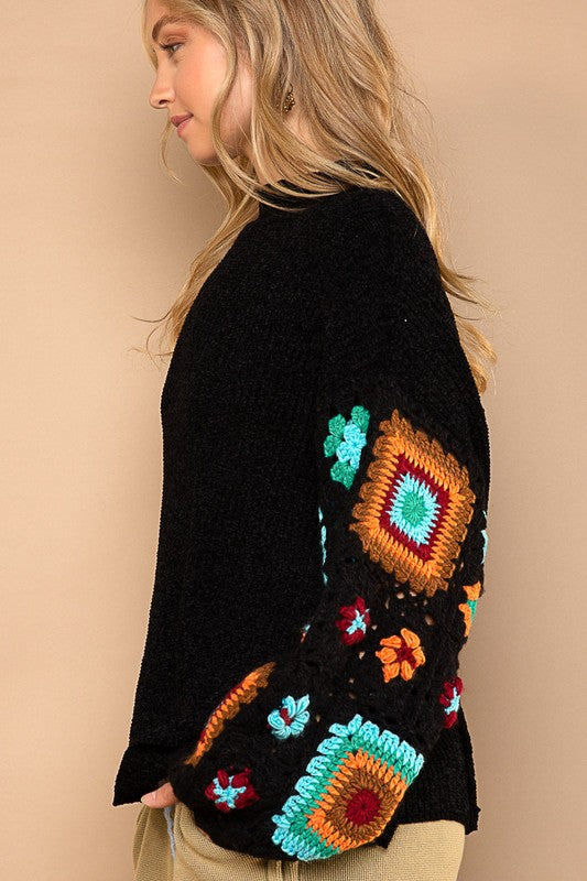 Hand Knit Square Patch Sleeve Mock Neck Sweater