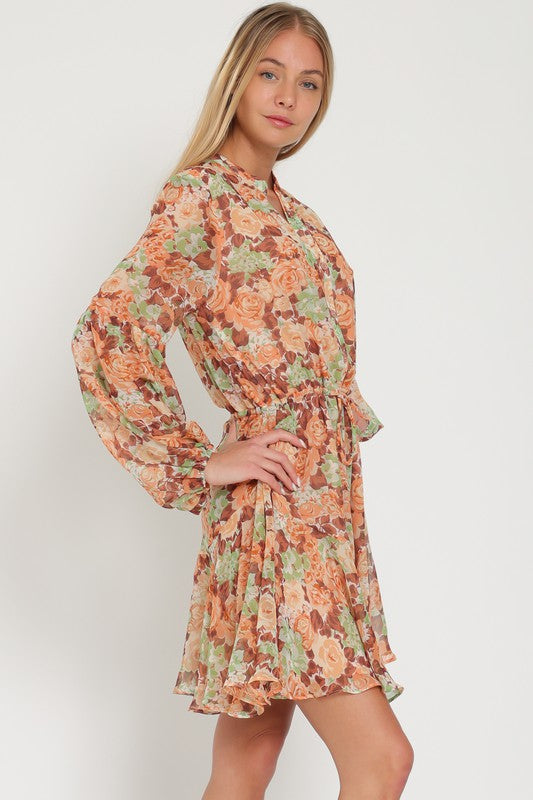 Long Sleeve Button Down Tie Front Waisted Mini Dress