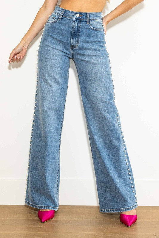 Pearl Stud High Rise Wide Jeans
