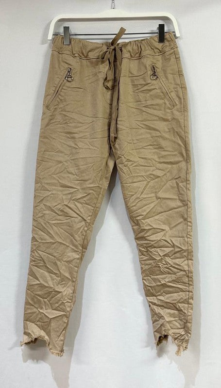 Venti6 Fringe Hem Zipper Pocket Crinkle Jogger - Camel