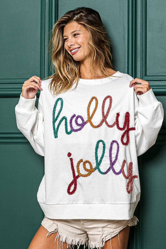 Holly Jolly Tinsel Metallic Christmas Pullover