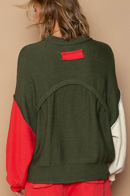 Color Block Mock Neck Hacci Pullover Sweater - Olive Multi