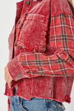 Plaid Contrasting Distressed Bottom Corduroy Jacket