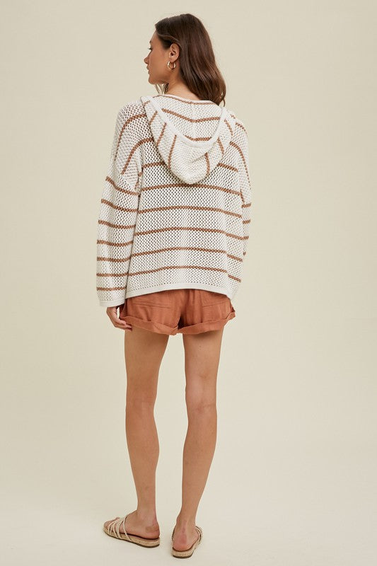 Striped Hooded Open Knit Sweater