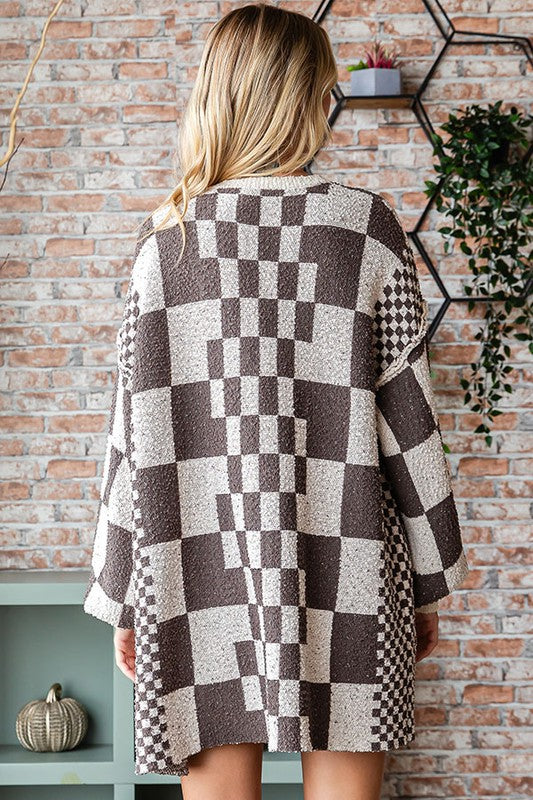Checkered Dusty Knitted Open Cardigan