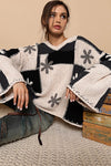 Color Block Fleece Floral Detail Hooded Sweater