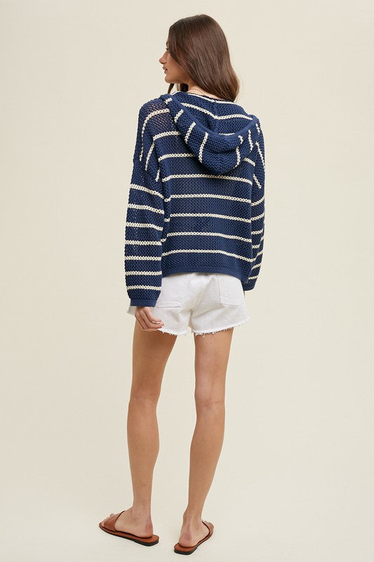 Striped Hooded Open Knit Sweater - Navy/Ecru
