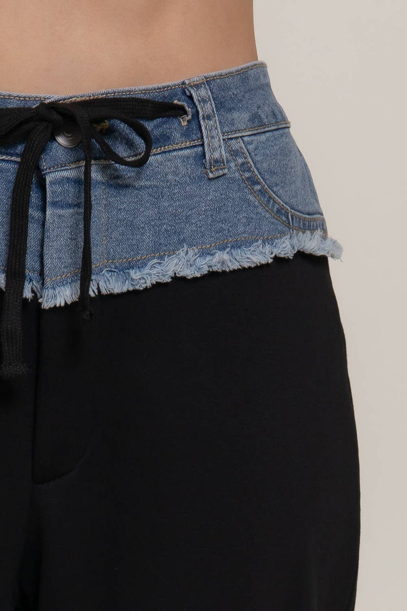 Straight terry long pants featuring a blue contrast waistband, frayed hem, and a relaxed fit, perfect for Long Island boutique fashion.