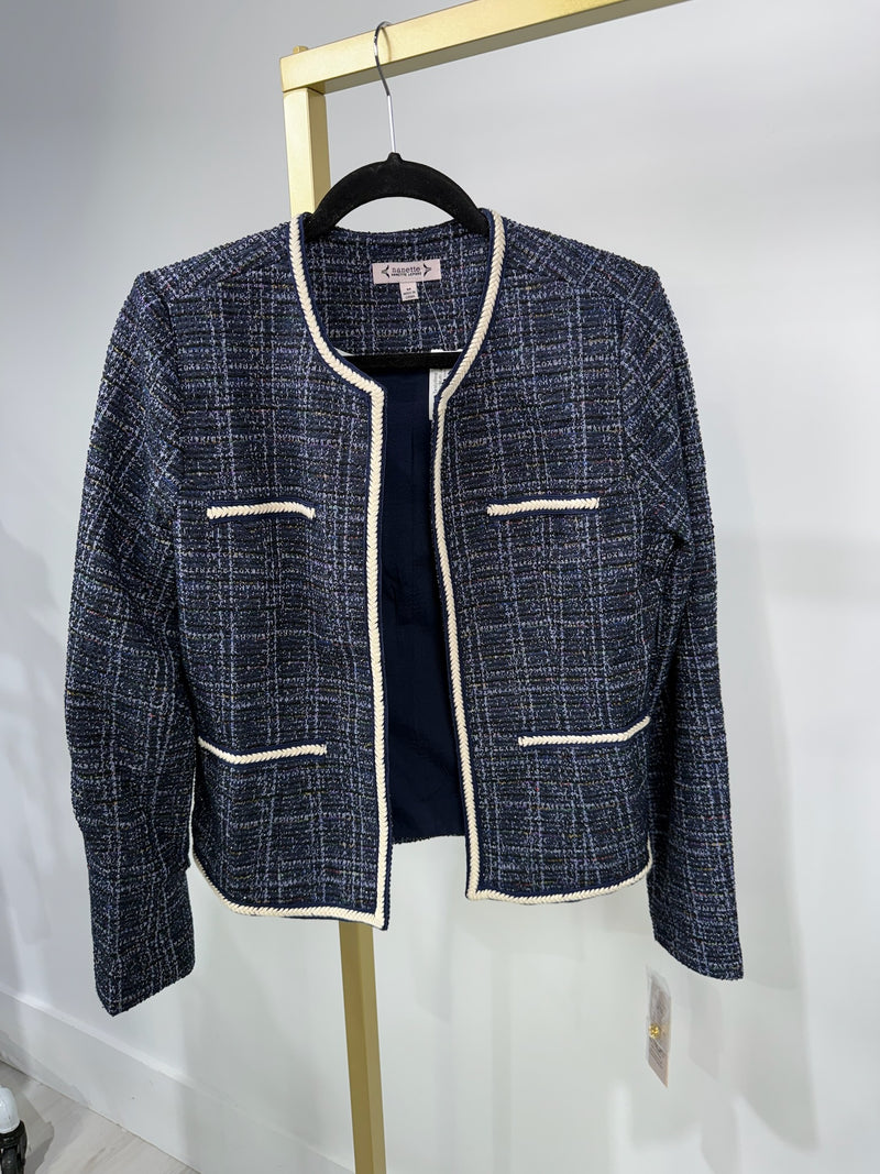 Chic dark navy multi jacket featuring a textured woven design, contrasting trim, and a tailored fit, perfect for Long Island boutique fashion.