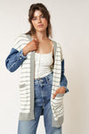Striped Sweater Cardigan With Denim Sleeve