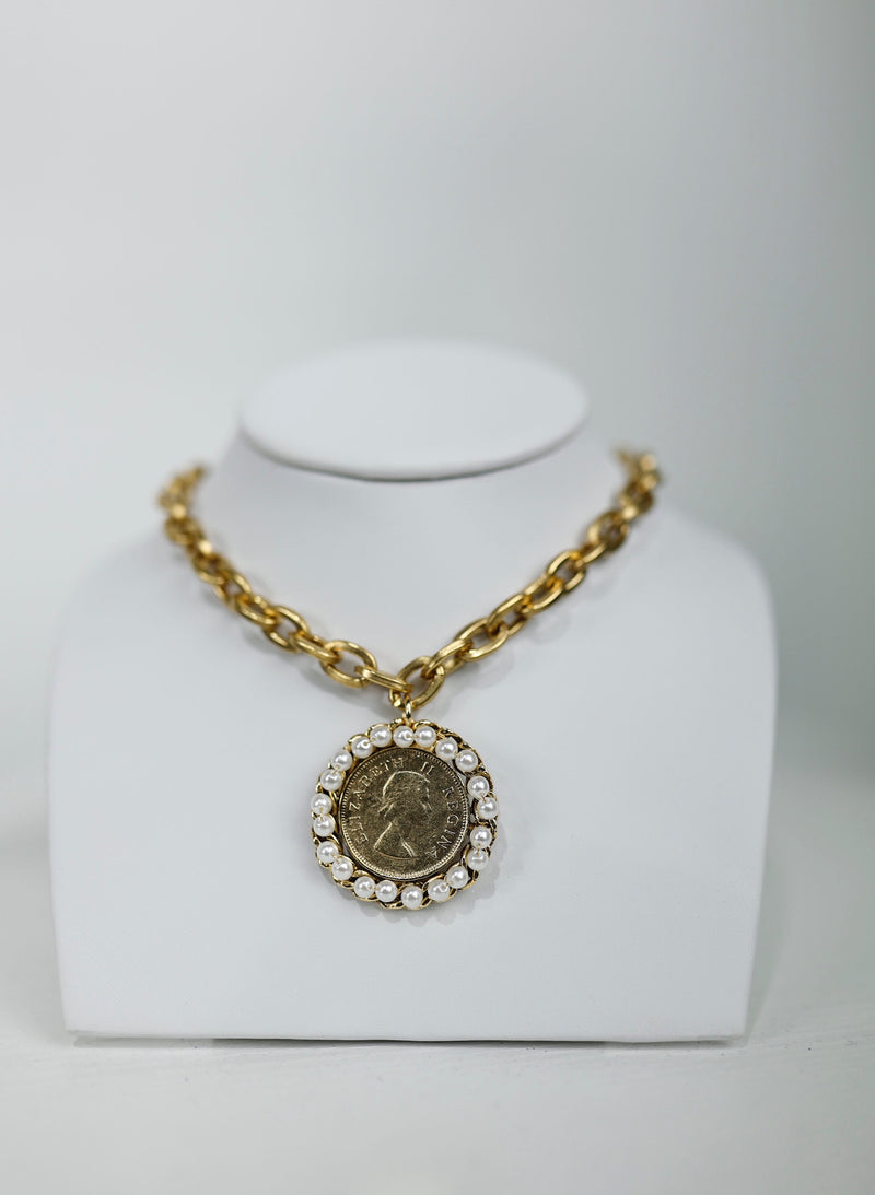 Vintage Coin Pearl-Trim Necklace
