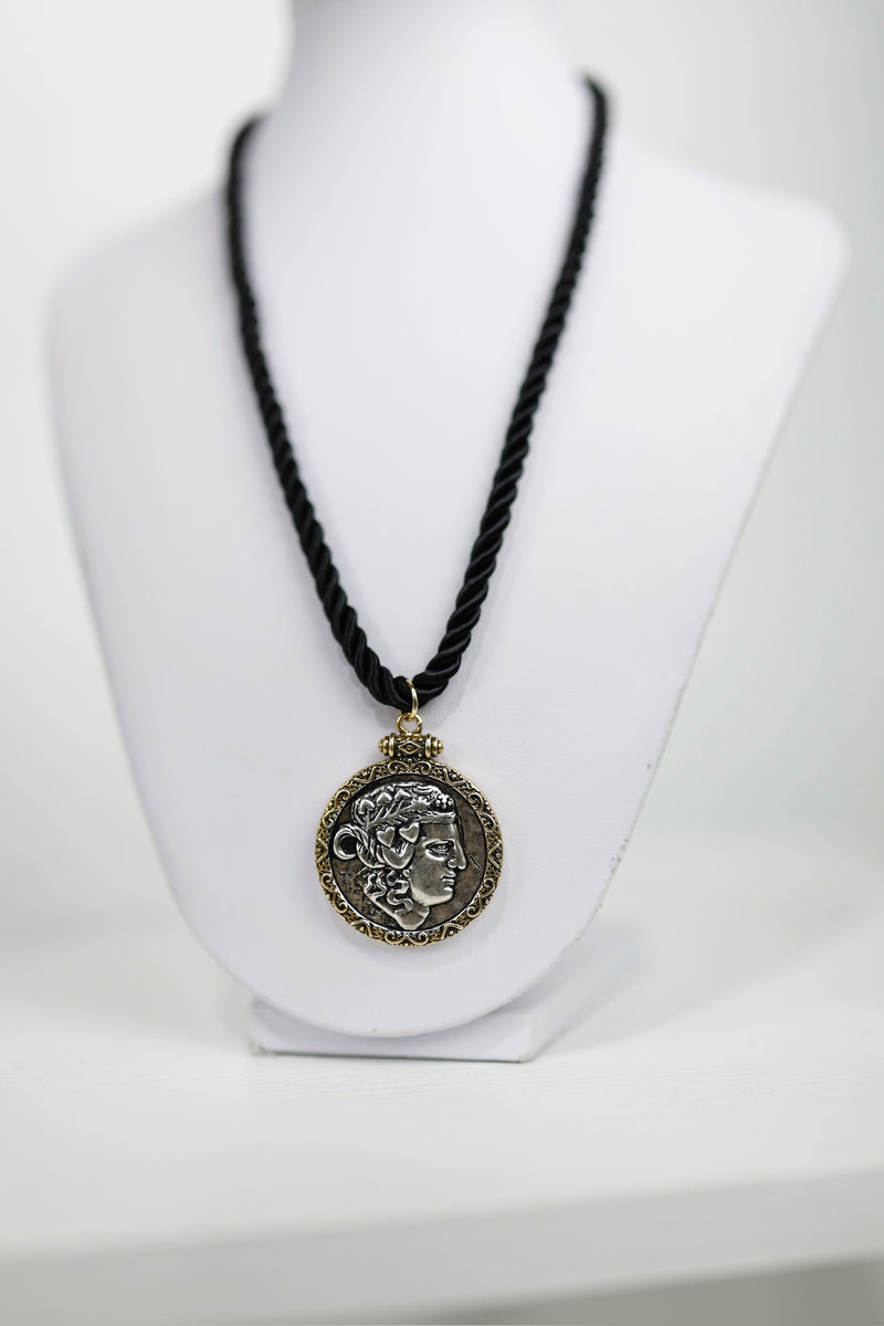 Vintage Medallion Pendant Necklace with Black Rope Chain
