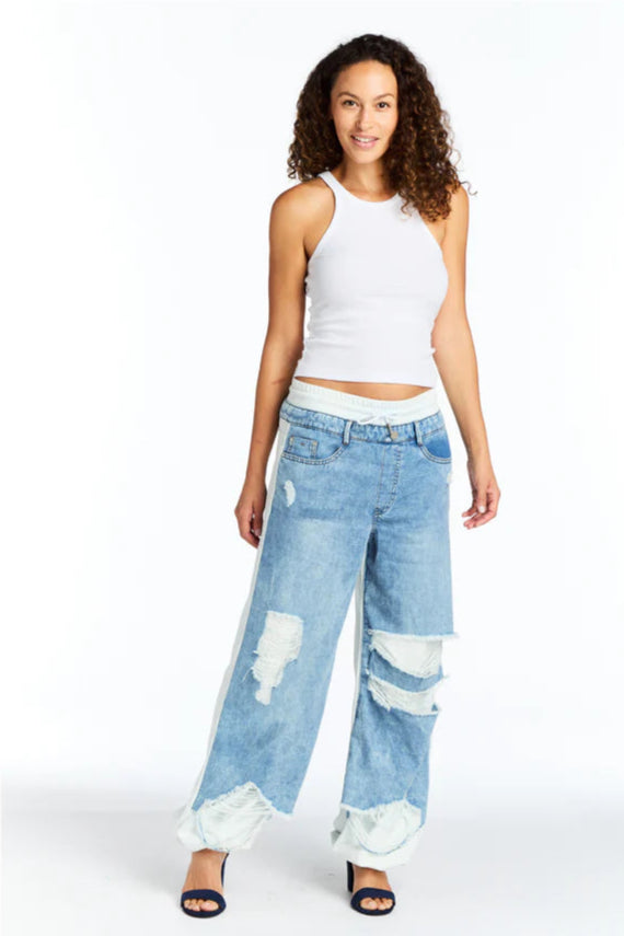 Reconstructed Denim Front French Terry Jogger