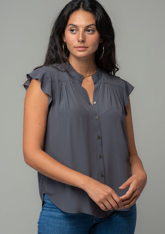 Button Down Shirt w/ Ruffle Neck