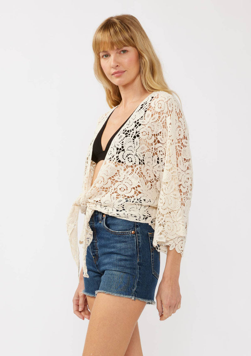 Floral Tie-Front Crochet Kimono