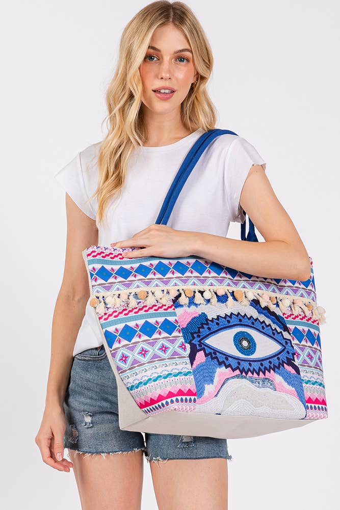 Evil Eye Bead Print Pom Pom Tassel Aztec Tote Bag