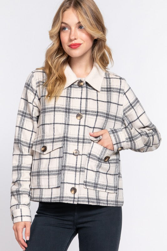 Long Sleeve Fur Collar Plaid Shacket