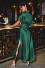Satin Blouson Maxi Dress - Dark Emerald