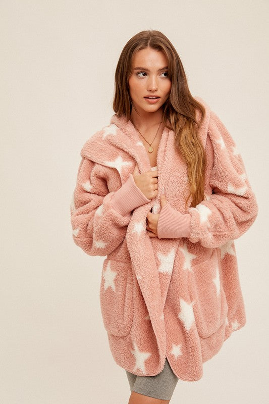 Star Printed Oversize Teddy Bear Jacket