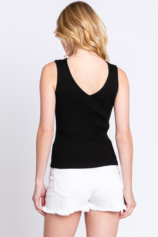 Ribbed V-Neck Sweater Top - Black